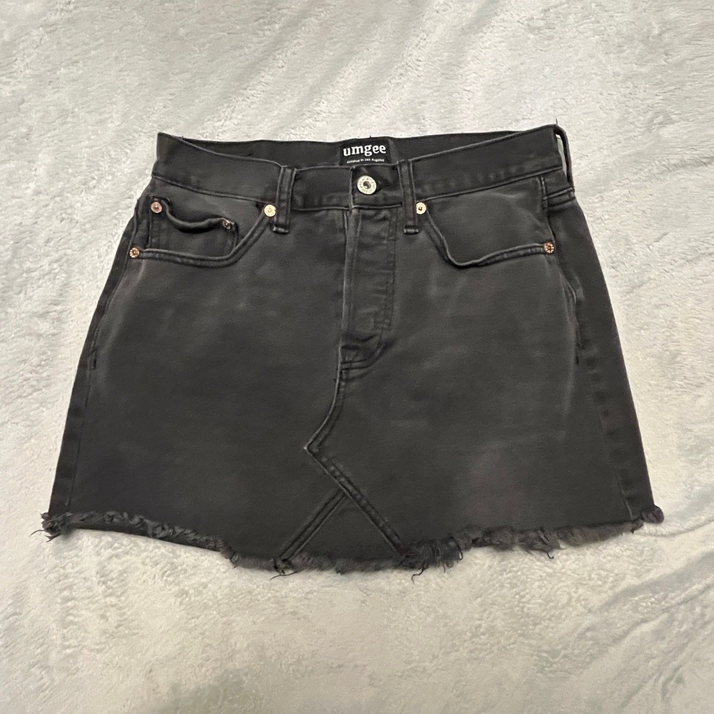 UMGEE Black Denim Frayed Hem Mini Skirt 28 Festival Mallcore Biker Grunge Goth
